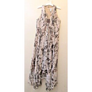 CHICO'S taupe Gray Natural Feminine Look Jeweled Hi Lo Midi Dress (1) 6 Med